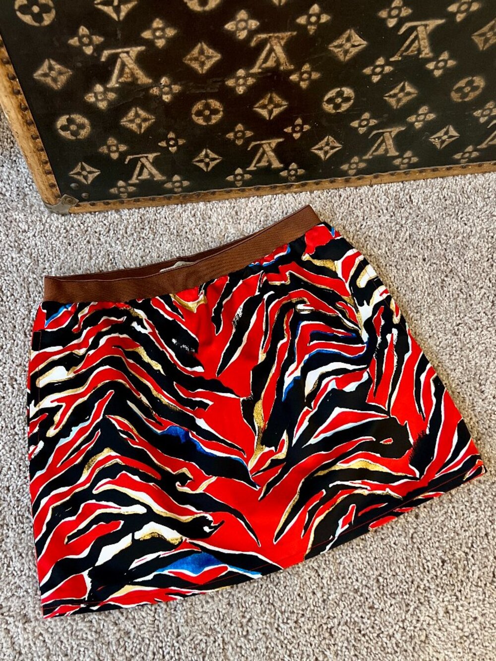 Balenciaga Red Tiger Silk Mini Skirt with Pockets
